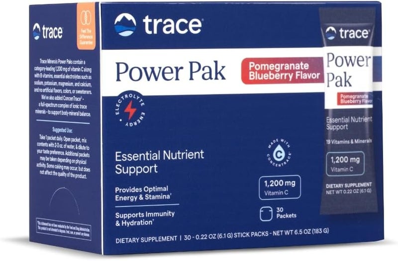 Trace Minerals Power Pak  Health Support Supplement with Vitamins  Minerals Power Packet Aids Immune Health  Hydration  Mix Powder Supports Bodily Functions  Pomegranate Blueberry 30 Servings - Image 1
