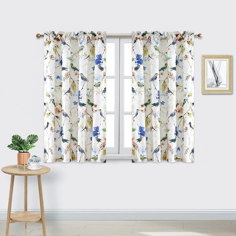 VOGOL Small Window Curtains 45 Inch Length Decorative Drapes 2 Panels Set Birds  Flowers Pattern Window Treatment for Kitchen Balcony Rod Pocket 42x45 Blue