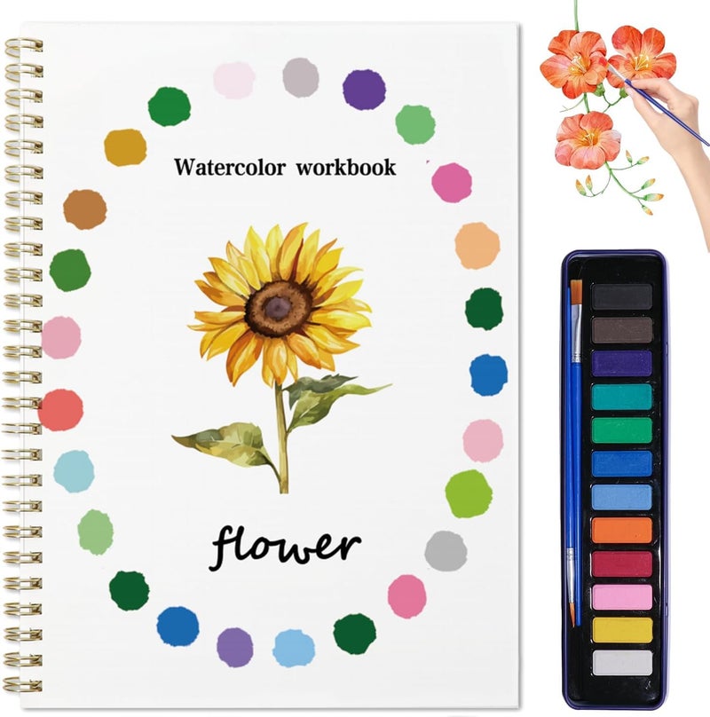 OCPBGMS Watercolor Workbook, Water Coloring Book, 12 Different Patterns of Original DIY Designs, 12 Colors Watercolor Paint Set with Palette and Brush, Beginner-Friendly Watercolor Workbooks（Flower） - Image 1