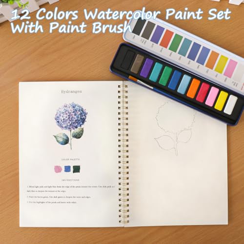 OCPBGMS Watercolor Workbook, Water Coloring Book, 12 Different Patterns of Original DIY Designs, 12 Colors Watercolor Paint Set with Palette and Brush, Beginner-Friendly Watercolor Workbooks（Flower） - Image 4