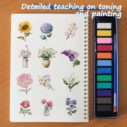 OCPBGMS Watercolor Workbook, Water Coloring Book, 12 Different Patterns of Original DIY Designs, 12 Colors Watercolor Paint Set with Palette and Brush, Beginner-Friendly Watercolor Workbooks（Flower） - Image 2