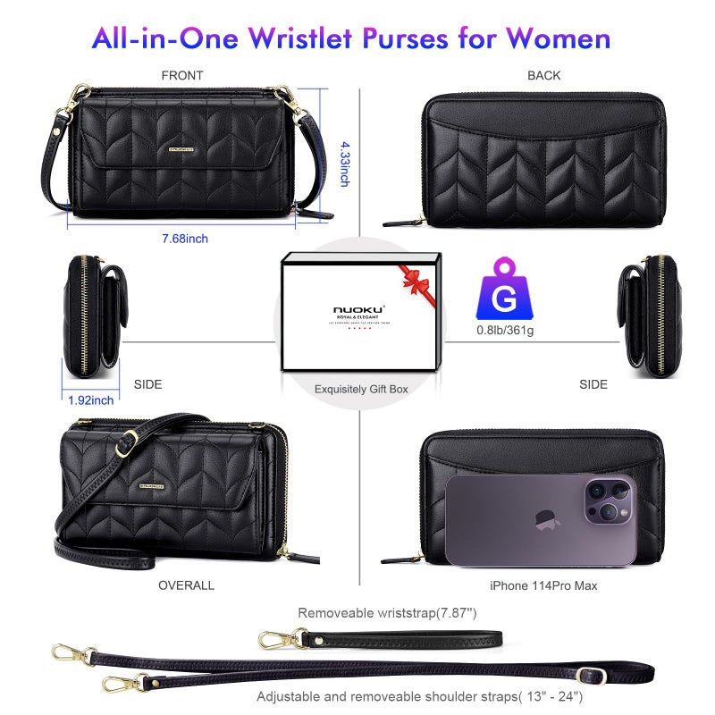 nuoku Womens RFID Wallet Purse Wristlet Crossbody Clutch with Zip Around 2 Strap - Image 4