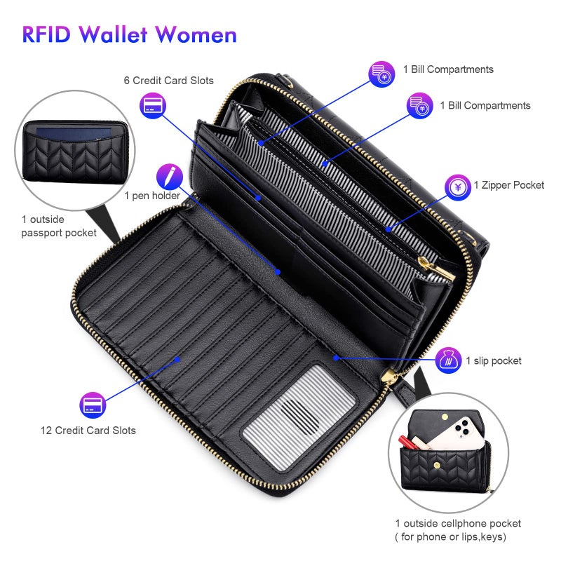 nuoku Womens RFID Wallet Purse Wristlet Crossbody Clutch with Zip Around 2 Strap - Image 3