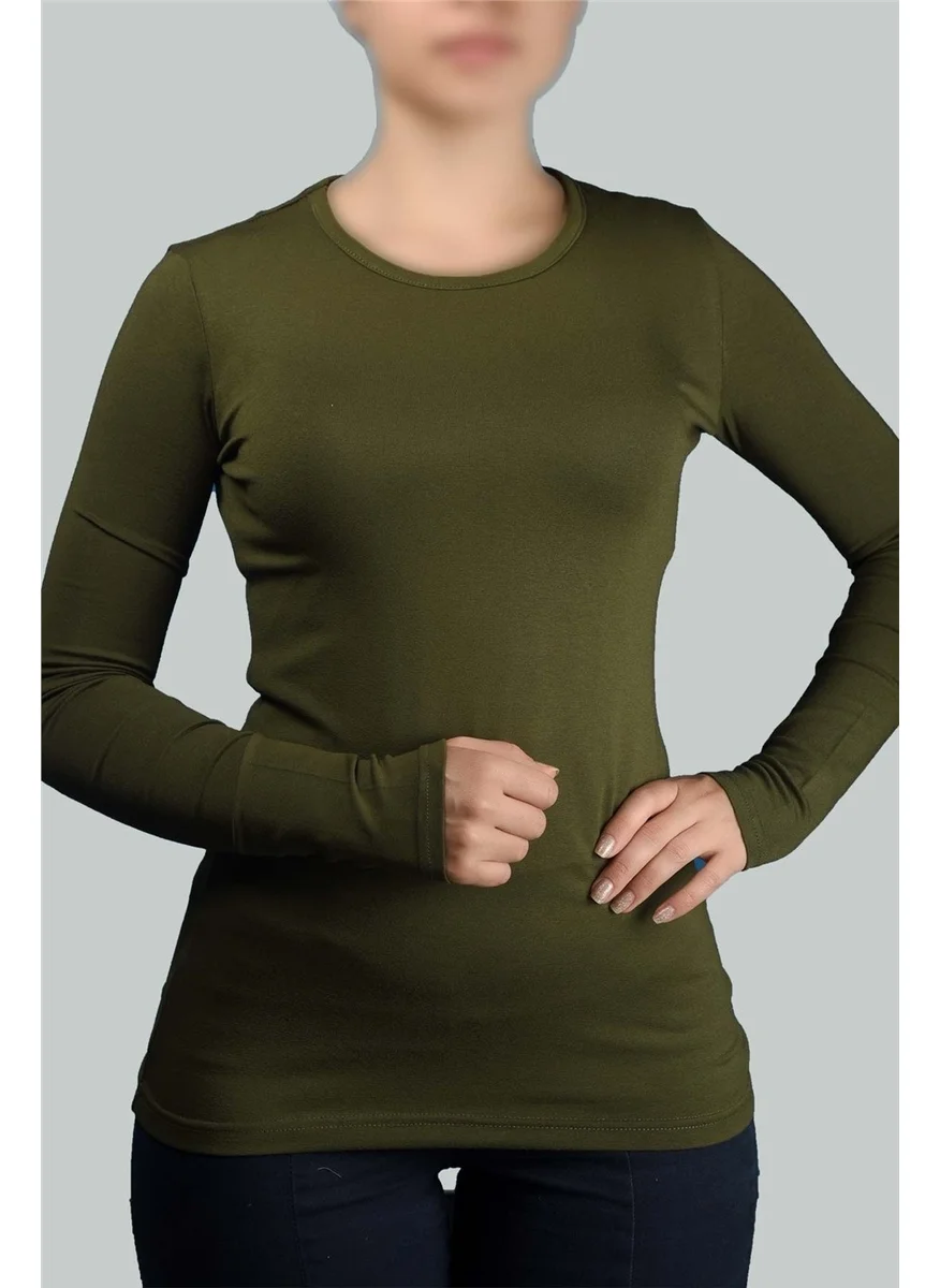 التوبة Long Sleeve Crew Neck Lycra Combed Cotton Women's Bodysuit - Khaki