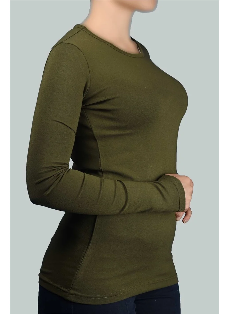 التوبة Long Sleeve Crew Neck Lycra Combed Cotton Women's Bodysuit - Khaki