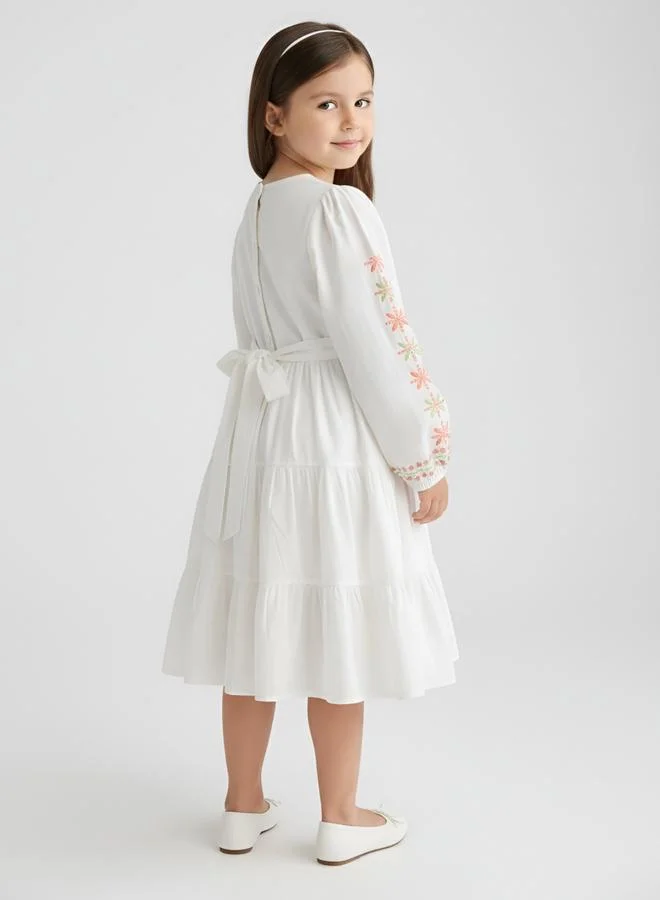 Bella Moda Girls Long Sleeve Embroidered Tiered Midi Dress