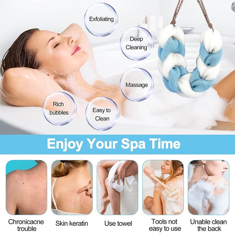 SUNBIRD Long Body Scrub Stretch Stretch Back Sponge with Rope Braided Loofah for Men and Women Pack 3 - Image 2