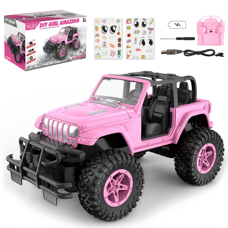 NQD Remote Control Car Rechargeable RC Racing Cars with Stickers 116 Scale 80 Min Play 24Ghz Off Road Trucks All Terrain Toys Gifts for 3YearOld Girls