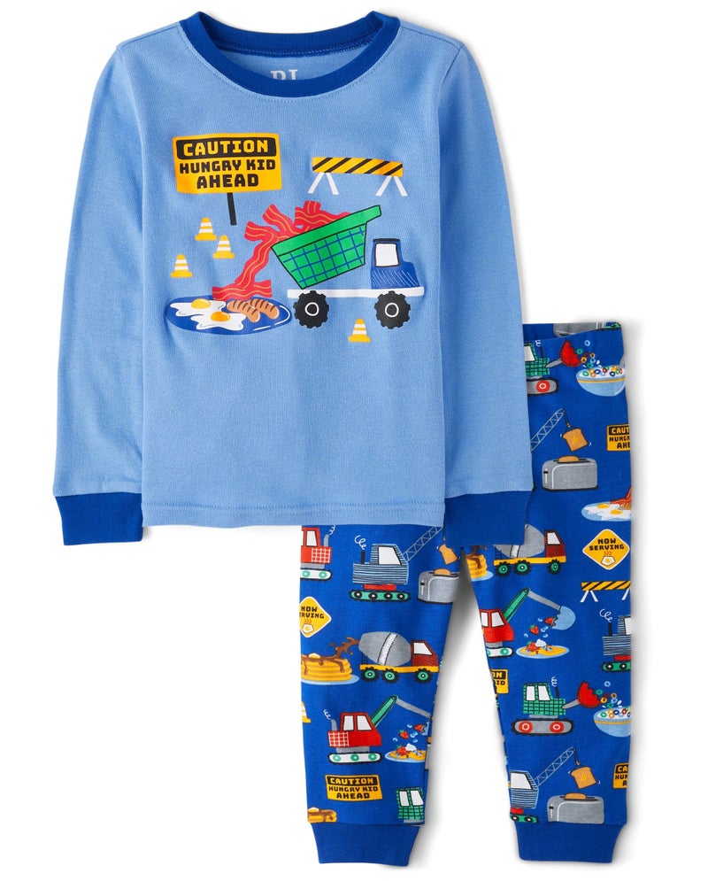 The Children's Place Baby Boy's and Toddler Long Sleeve Top and Pants Snug Fit 100% Cotton 2 Piece Pajama Set, Blue Construction