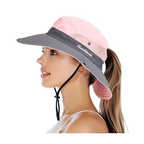 PFFY Sun Bucket Hats for Women Men UV Protection Wide Brim Fishing Hat Beach Outdoor Essentials Pink/Grey (Ponytail) - Image 1