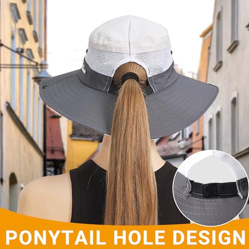 PFFY Sun Bucket Hats for Women Men UV Protection Wide Brim Fishing Hat Beach Outdoor Essentials Pink/Grey (Ponytail) - Image 3