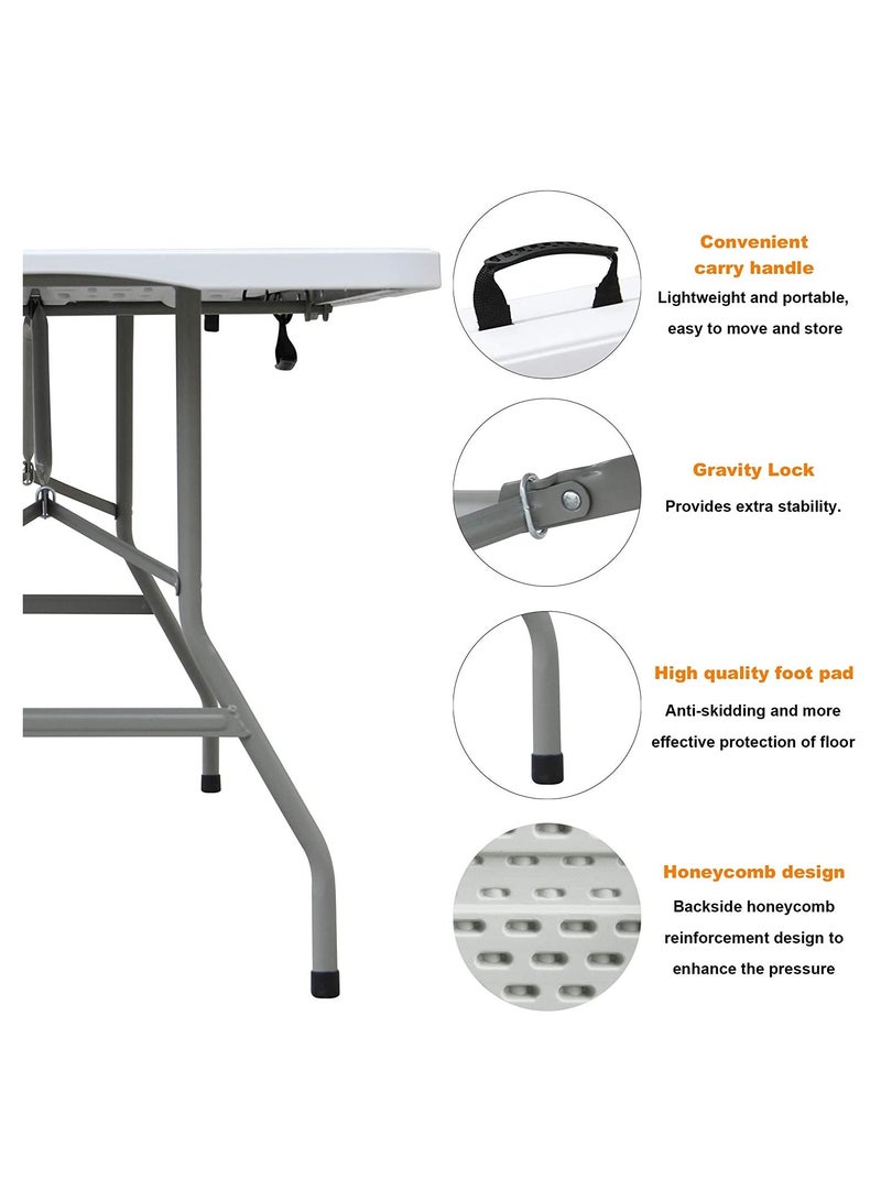 6 Foot Plastic Folding Table - Folds in Half with Carrying Handle Rectangular - Lightweight and Portable - White Resin with Sturdy Steel Frame