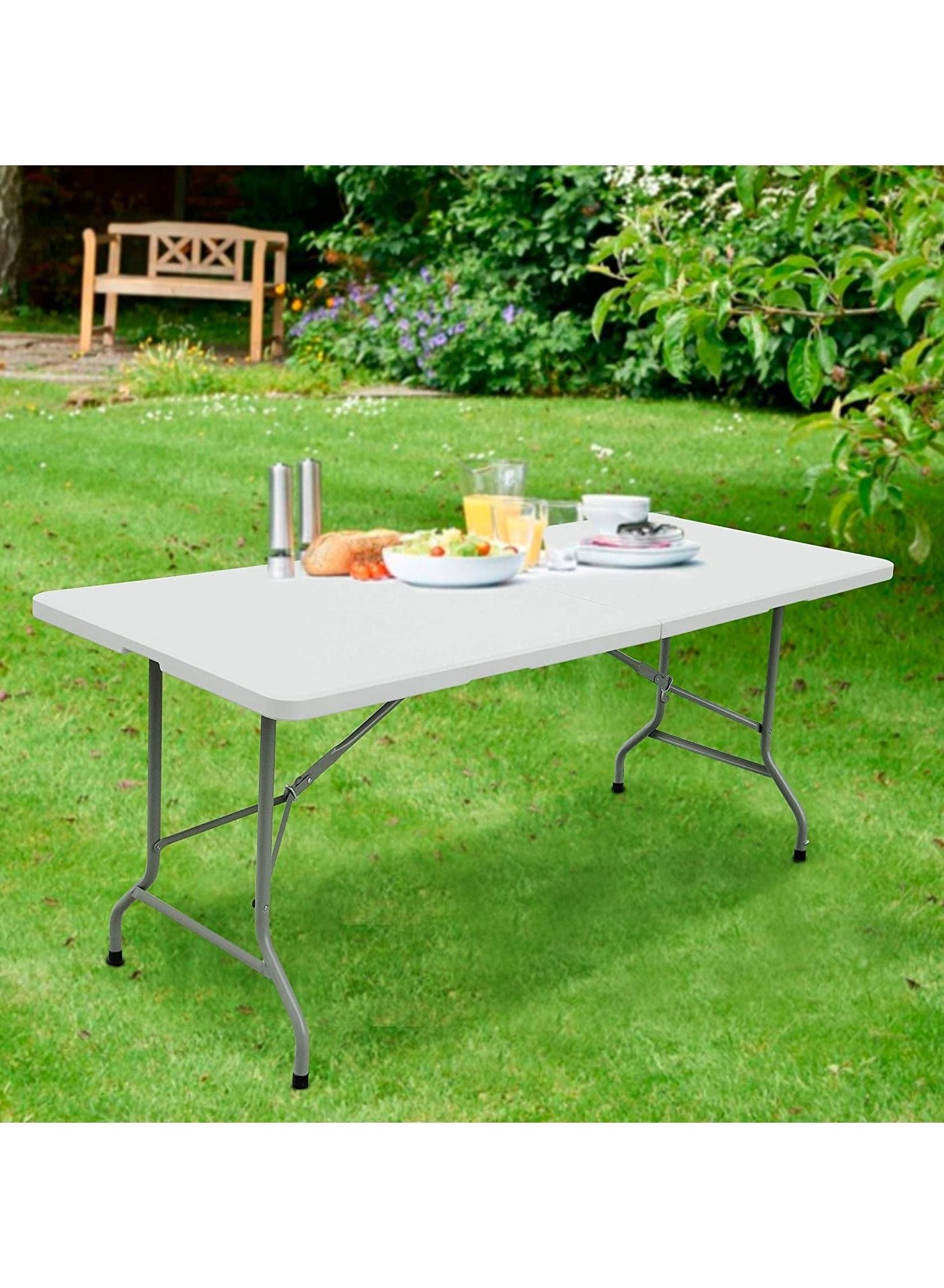 6 Foot Plastic Folding Table - Folds in Half with Carrying Handle Rectangular - Lightweight and Portable - White Resin with Sturdy Steel Frame