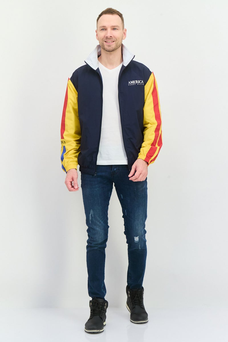 PERRY ELLIS Men Embriodered Logo Windbreaker Jacket , Navy Blue Combo  - Image 2