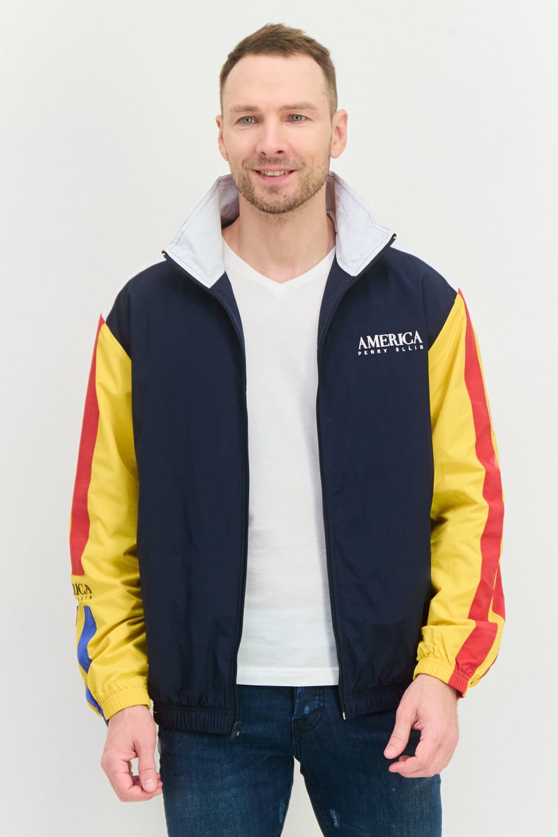 PERRY ELLIS Men Embriodered Logo Windbreaker Jacket , Navy Blue Combo  - Image 1
