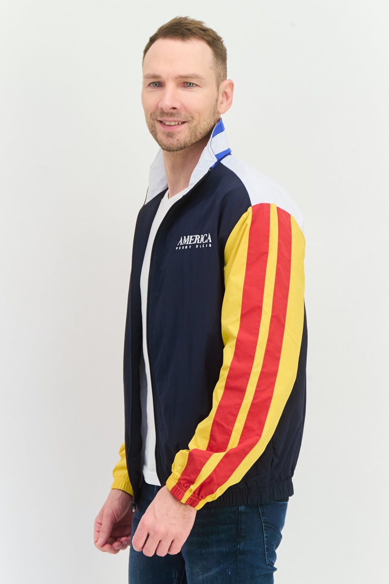 PERRY ELLIS Men Embriodered Logo Windbreaker Jacket , Navy Blue Combo  - Image 4