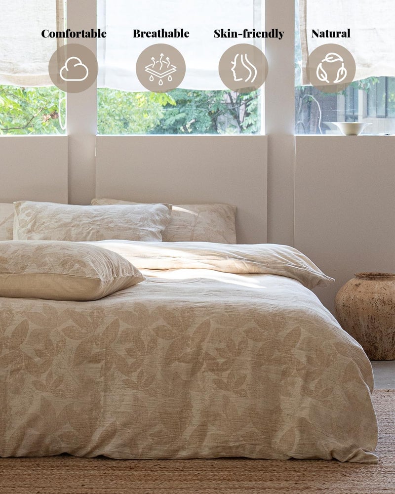 MILDLY Linen Cotton Duvet Cover - Jacquard Textured Leaves Comforter Cover Set 3pcs with Zipper Closure Breathable & Minimalist for All Season - Image 2