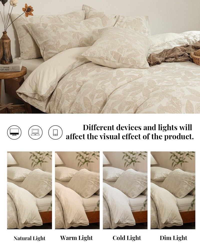 MILDLY Linen Cotton Duvet Cover - Jacquard Textured Leaves Comforter Cover Set 3pcs with Zipper Closure Breathable & Minimalist for All Season - Image 5