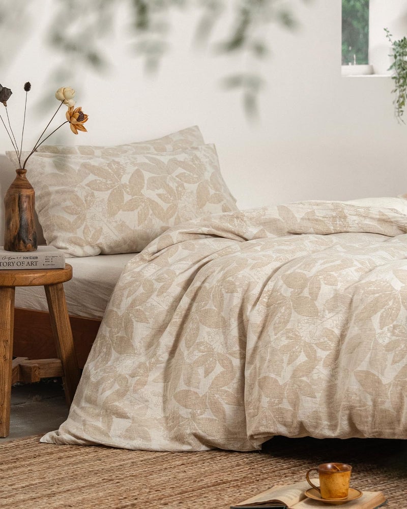 MILDLY Linen Cotton Duvet Cover - Jacquard Textured Leaves Comforter Cover Set 3pcs with Zipper Closure Breathable & Minimalist for All Season - Image 1