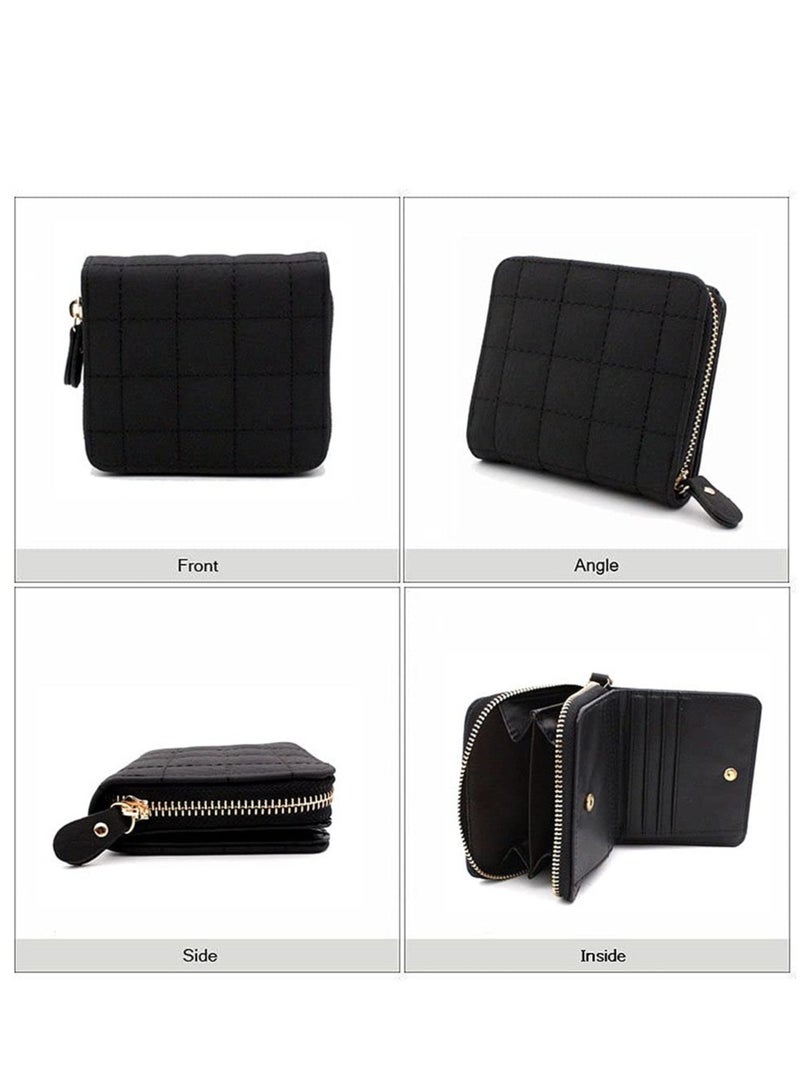 KASTWAVE Women's Wallet, Premium PU Leather Purse Small RFID Blocking Ladies Wallet with Stainless Steel Zipper, Short Grid Style Wallet Card Holder Case Coin Pocket for Women Girlfriend, Black  - Image 2