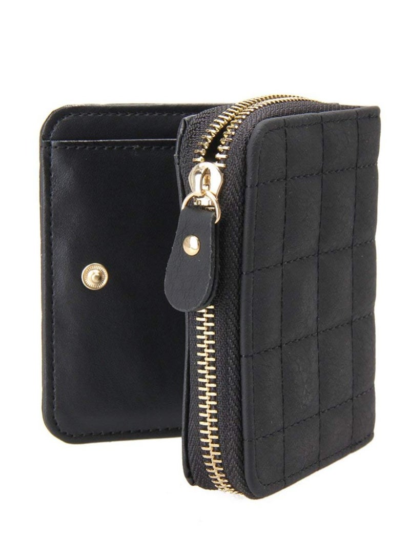 KASTWAVE Women's Wallet, Premium PU Leather Purse Small RFID Blocking Ladies Wallet with Stainless Steel Zipper, Short Grid Style Wallet Card Holder Case Coin Pocket for Women Girlfriend, Black  - Image 4