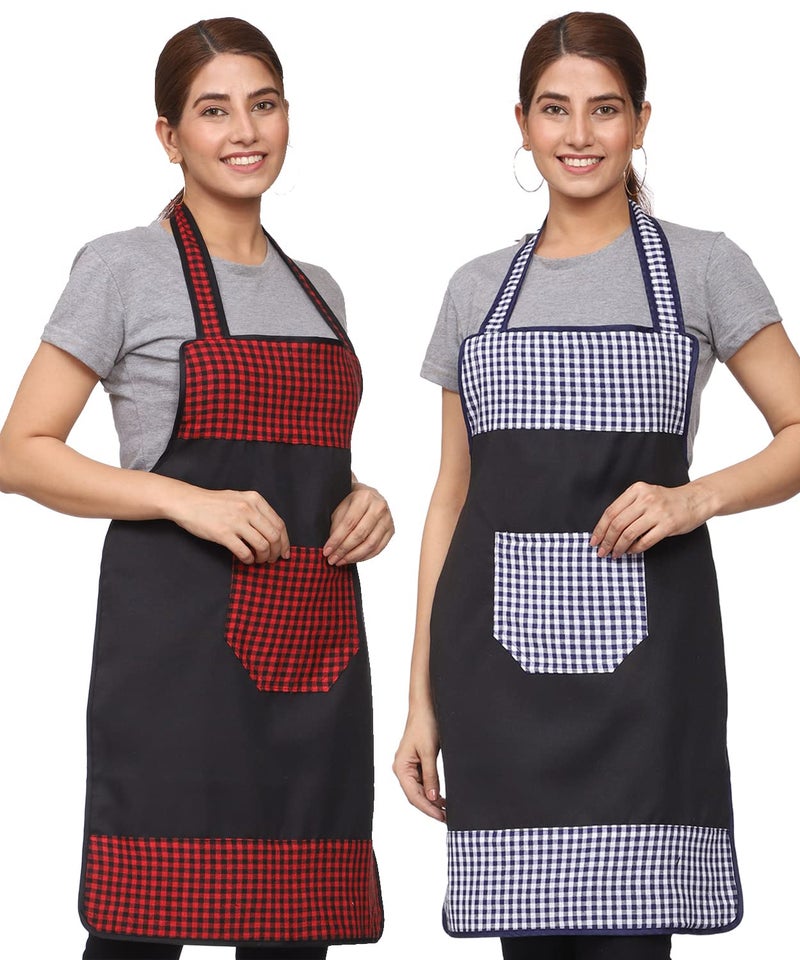 JMi Check and Plain Fabric Designer Waterproof Apron With Front Multi Purpose Pocket For Kitchen, Cooking, Dusting, Home. (Pack of 2) - Image 1
