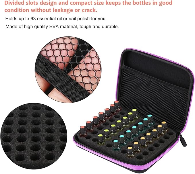 Ejoyous Essential Oils Storage Carrying Case 63 Bottles Portable Aromatherapy Essential Oil Storage Bag Box Organizer with Convenient Handle Waterproof Nail Polish Storage Box for EssentialBright Orange - Image 3