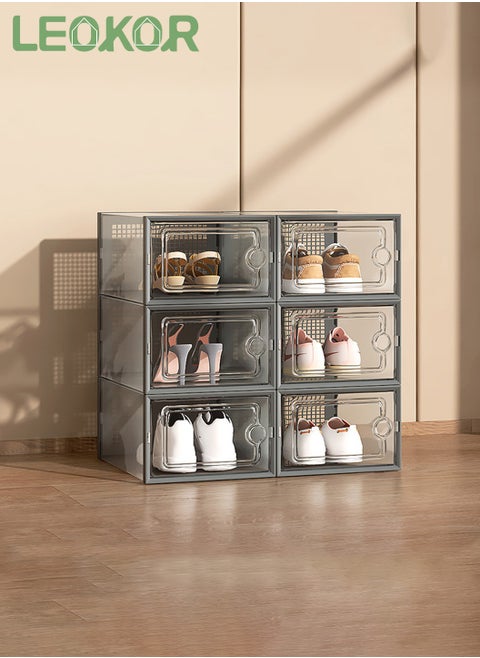 6 Pack Shoe Storage Box, Shoe Organizer Storage Bins with Visual Window and Ventilation Design, Clear Plastic Stackable Sneaker Containers Bins, Space Saving for Entryway, Grey