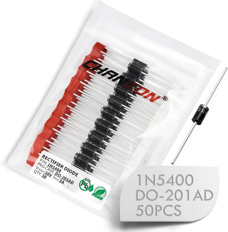 CHANZON (Pack of 50 Pieces) 1N5400 Rectifier Diode 3A 50V DO-201AD (DO-27) Axial 5400 IN5400 3 Amp 50 Volt Electronic Silicon Diodes - Image 1