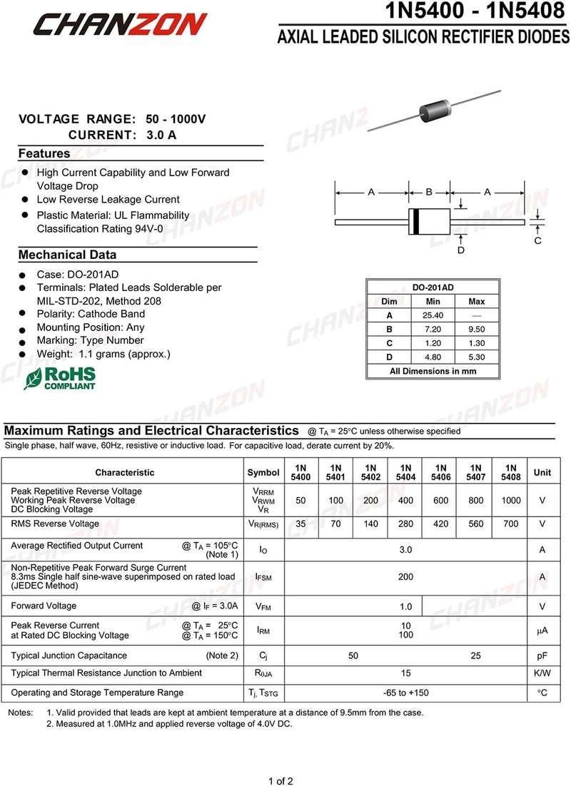 CHANZON (Pack of 50 Pieces) 1N5400 Rectifier Diode 3A 50V DO-201AD (DO-27) Axial 5400 IN5400 3 Amp 50 Volt Electronic Silicon Diodes - Image 2