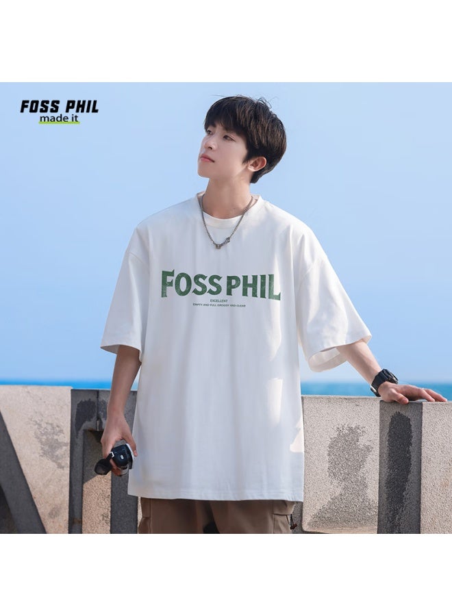 Foss Phil American Trendy Printed Short-sleeve T-shirt, Summer Pure Cotton Loose Undershirt, Casual Tee For Men And Women, Dt03 White 2XL - Image 1