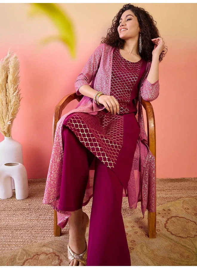 AKS Mauve And Wine Gold Printed Kurta Set With Jacket