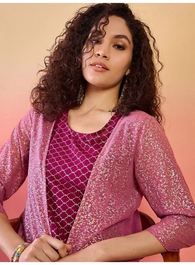 AKS Mauve And Wine Gold Printed Kurta Set With Jacket