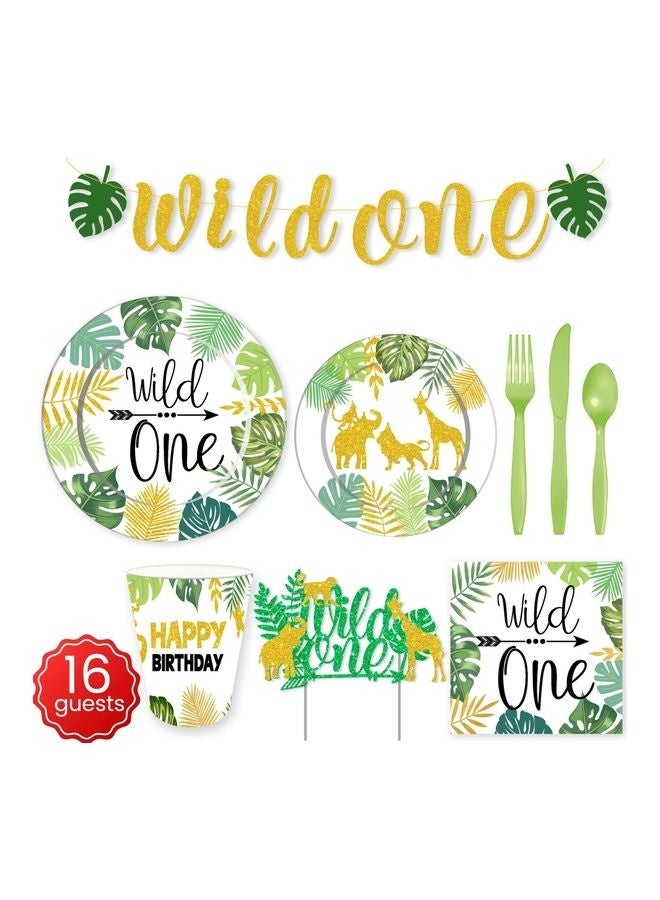 Goldedge Set of 2 114-Piece Wild One Party Pack Tableware Cups Napkin Tissue Straws Plates Set 16 Guest - Image 2
