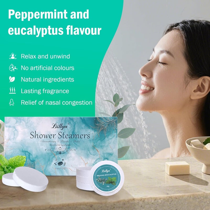 Liillya Shower Steamers Aromatherapy 8 Packs Menthol & Eucalyptus Shower Bombs with Natural Essential Oil Home SPA Vapor Shower Tablets Stress Relief Self Care Relaxation Birthday Gifts for Women,Men - Image 2