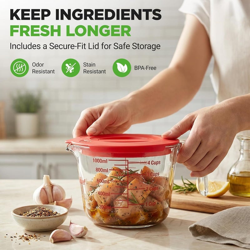 NutriChef 4 Cups Glass Measuring Cup with Lid (34 oz) - Heat-Resistant Borosilicate Liquid Measure Cup with Easy-Read Scale for Cooking, Baking and Food Storage, Dishwasher and Freezer Safe - Image 5