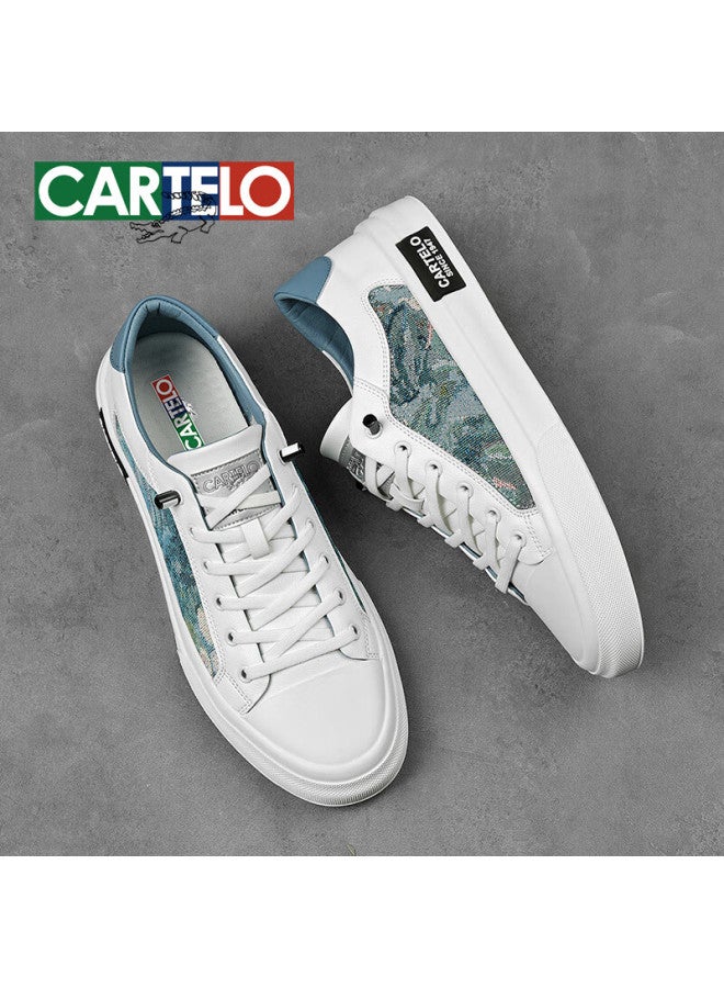 Cartelo Men's Casual Shoes Autumn One-step Slip-on Men's Embroidered Canvas Low-top Sneakers Ice Blue Size 42 - Image 4