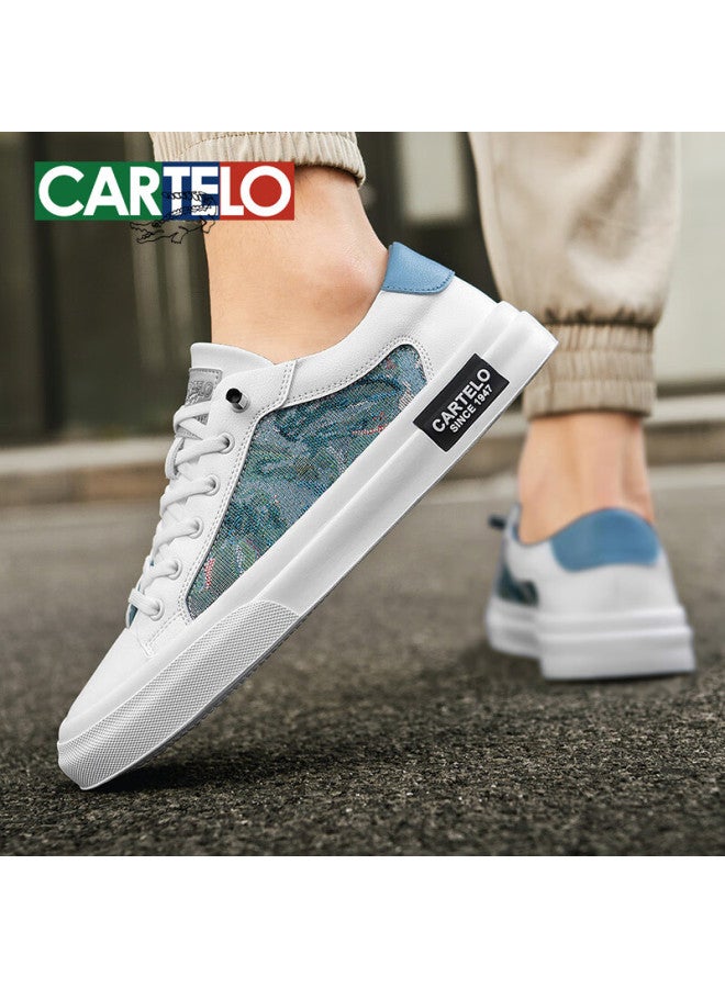 Cartelo Men's Casual Shoes Autumn One-step Slip-on Men's Embroidered Canvas Low-top Sneakers Ice Blue Size 42 - Image 3