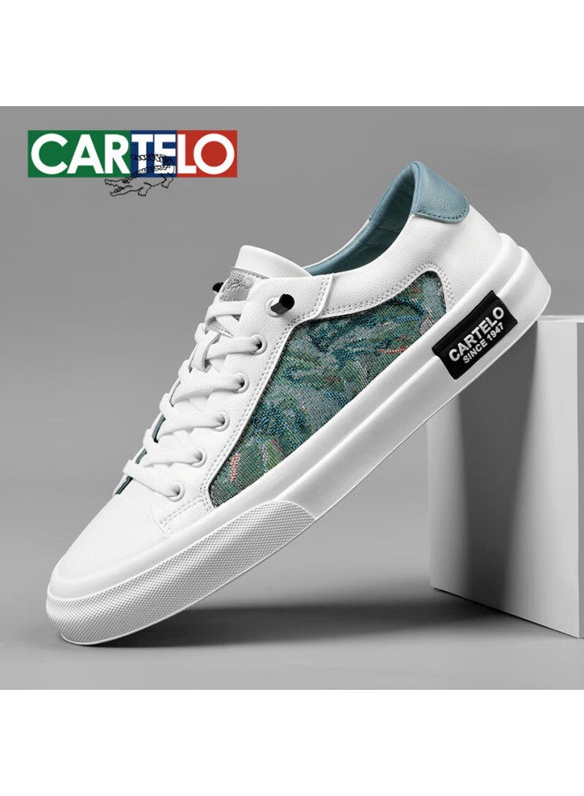 Cartelo Men's Casual Shoes Autumn One-step Slip-on Men's Embroidered Canvas Low-top Sneakers Ice Blue Size 42 - Image 1