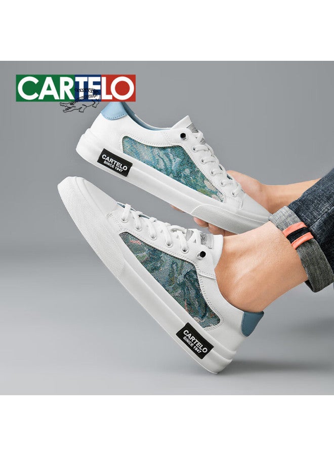 Cartelo Men's Casual Shoes Autumn One-step Slip-on Men's Embroidered Canvas Low-top Sneakers Ice Blue Size 42 - Image 5