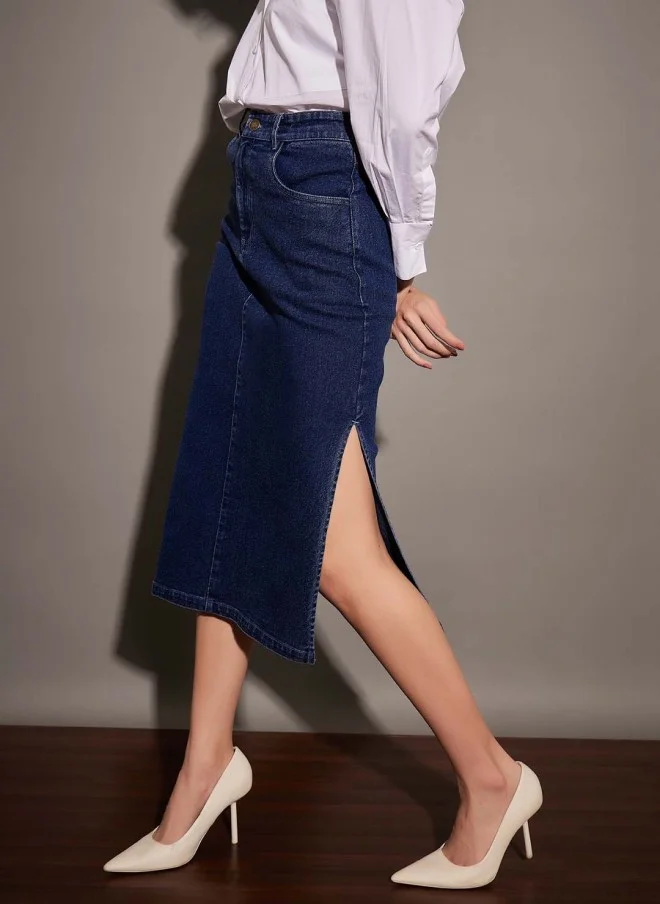 SASSAFRAS Navy Blue Denim Side Slit Pencil Midi Skirt for Women