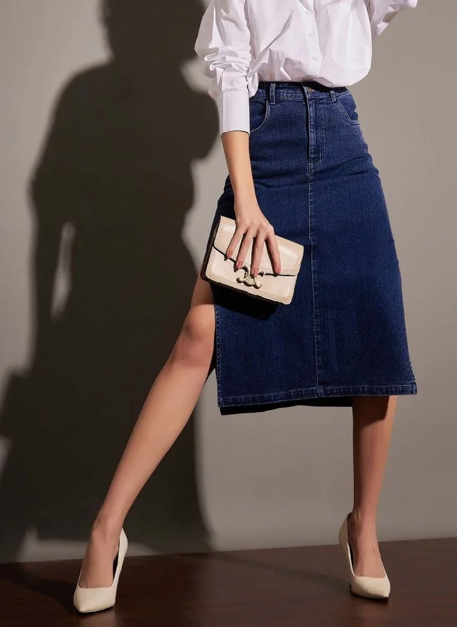 Navy Blue Denim Side Slit Pencil Midi Skirt for Women