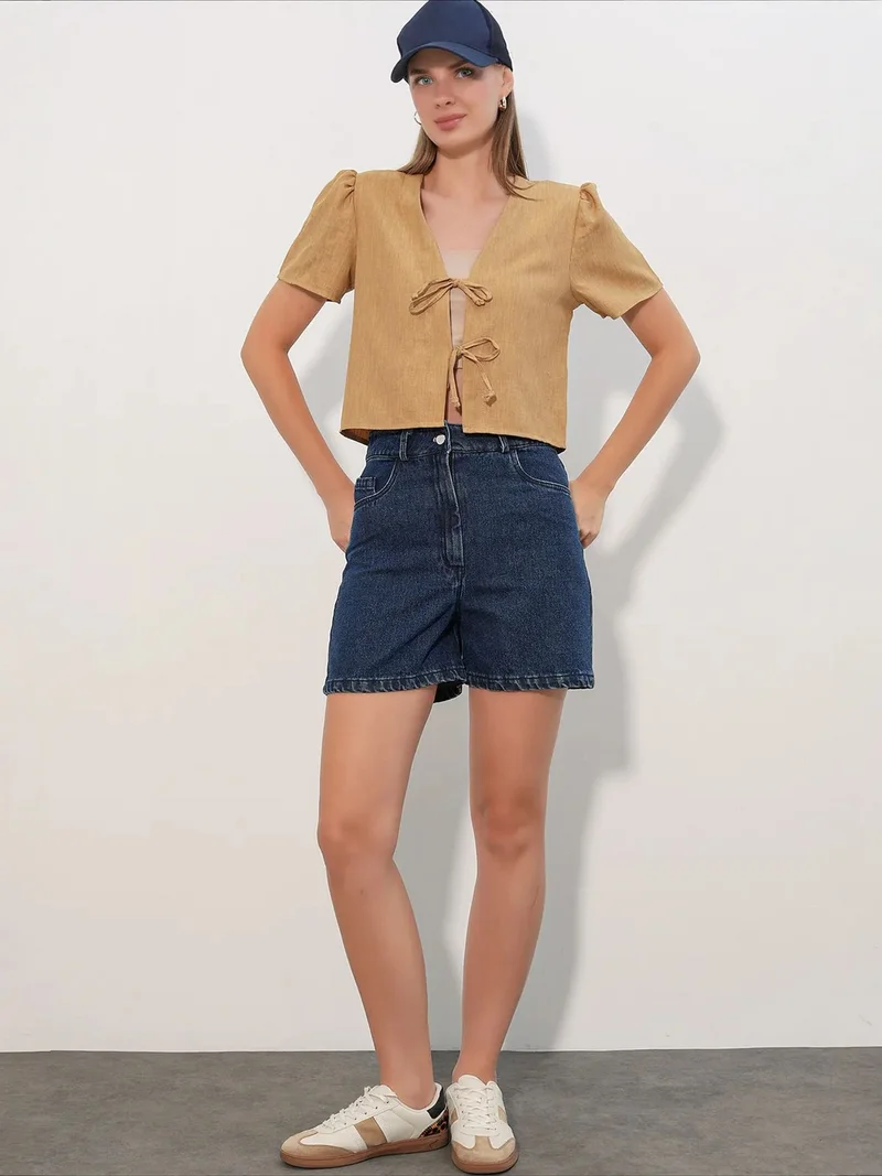 بيغ دارت BDART Textured V-Neck Linen Blend Crop Top