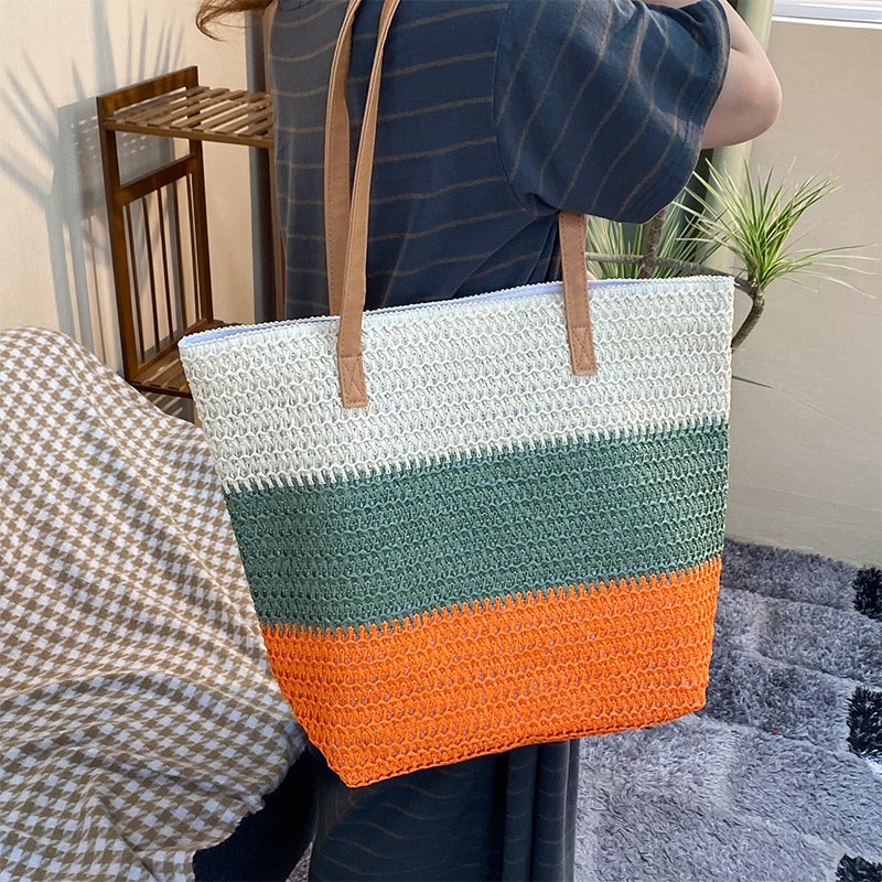 New Fashion Portable Three Color Stitching Paper And Grass Woven Bag Straw Woven Bag Beach Bag Seaside Holiday Bag - Image 5