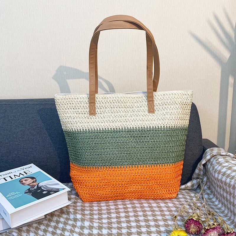 New Fashion Portable Three Color Stitching Paper And Grass Woven Bag Straw Woven Bag Beach Bag Seaside Holiday Bag - Image 1