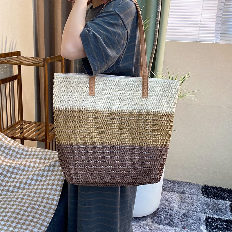 New Fashion Portable Three Color Stitching Paper And Grass Woven Bag Straw Woven Bag Beach Bag Seaside Holiday Bag - Image 3