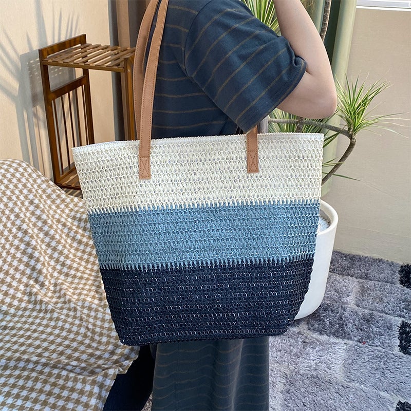 New Fashion Portable Three Color Stitching Paper And Grass Woven Bag Straw Woven Bag Beach Bag Seaside Holiday Bag - Image 4