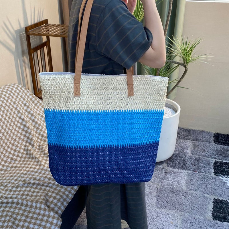 New Fashion Portable Three Color Stitching Paper And Grass Woven Bag Straw Woven Bag Beach Bag Seaside Holiday Bag - Image 2