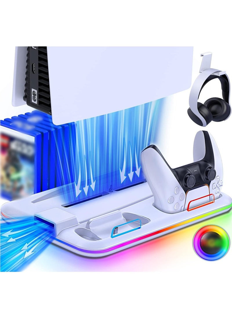 PS5 Cooling Stand with Dual Controller Charger, Vertical Charging Station with LED Light, Cooling Fan, USB Hub and Game Storage Holder, Compatible with PS5 Slim PS5 Pro and PS5 Console Gaming Accessories (White) - Image 1