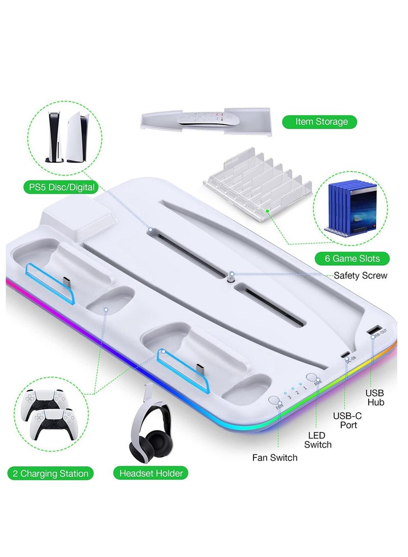 PS5 Cooling Stand with Dual Controller Charger, Vertical Charging Station with LED Light, Cooling Fan, USB Hub and Game Storage Holder, Compatible with PS5 Slim PS5 Pro and PS5 Console Gaming Accessories (White) - Image 2
